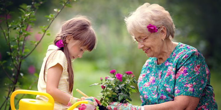 Happy Grandmother with her granddaughter working in the garden